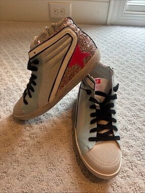 Golden Goose High-Top Sneakers with Pink Star and Rose Gold Glitter Heel Panel